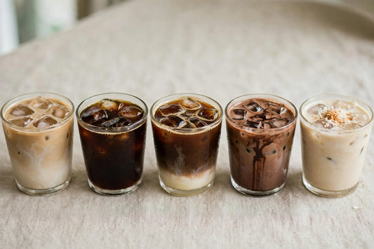 Five iced coffee drinks lined up
