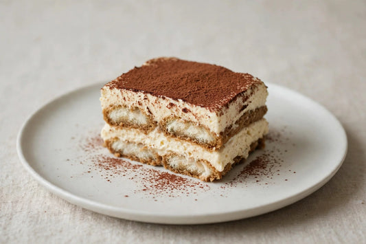 Tiramisu slice dusted with cocoa
